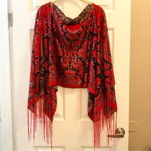 NWT - Red and Black metallic Fringe 7-way Scarf Topper